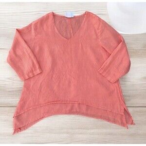 La Fixsun Size S Coral Linen V-Neck 3/4 Sleeves Lagenlook Asymmetric 2 Layer Top